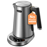 Cosori front view stainless steel kettle showing sleek finish and fast heating benefit