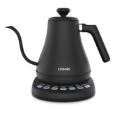 Cosori kettle front view showing presets and compact design for quick brewing