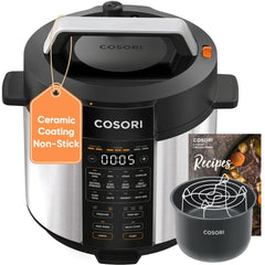 Cosori pressure cooker front panel showing buttons and display for easy operation