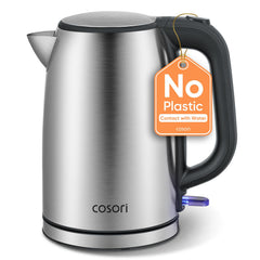 Cosori stainless steel kettle front angle showing durable metal finish and capacity benefit