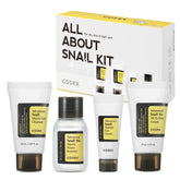 COSRX front packaging of the mini snail mucin travel set showing compact bottles and jars for easy packing