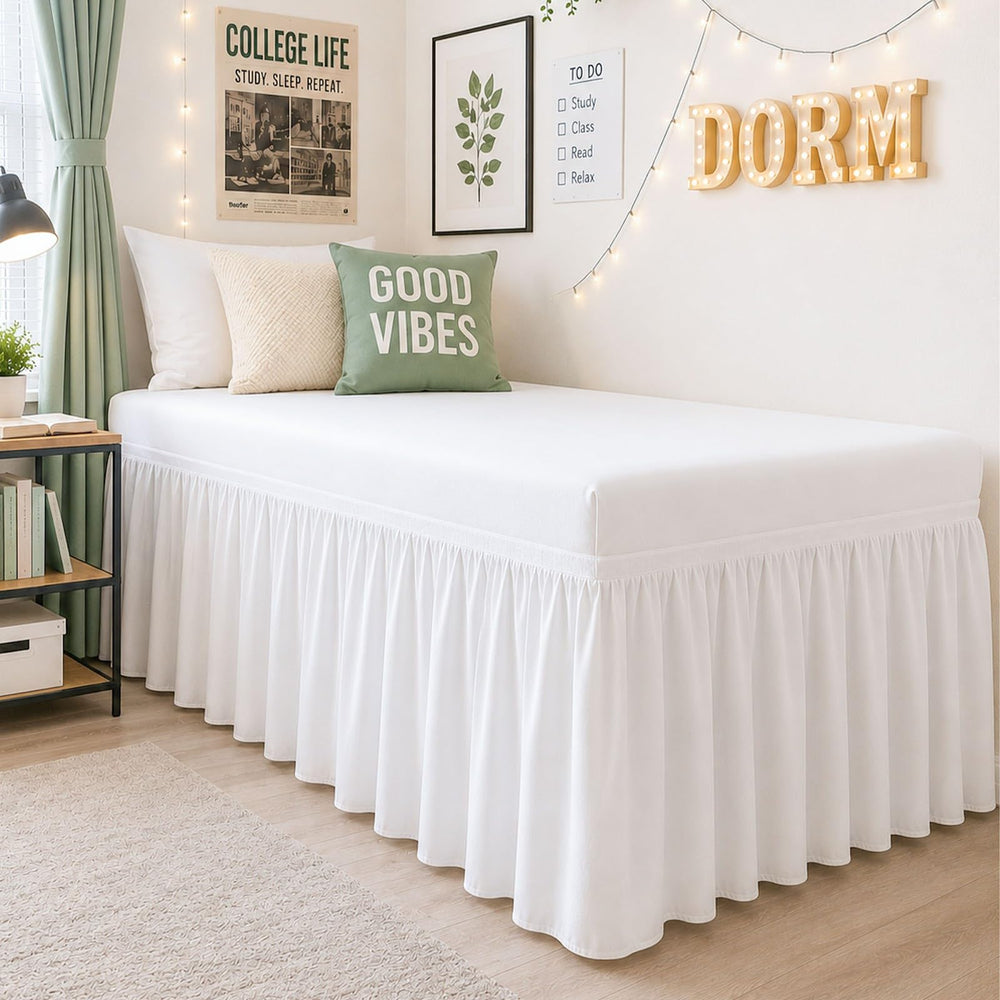 Cottington Lane front view showing tidy white Twin XL bed skirt and polished look