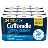 Cottonelle front packaging showing 24 Family Mega Rolls and benefits