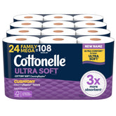 Cottonelle front packaging showing 24 family mega rolls and benefits