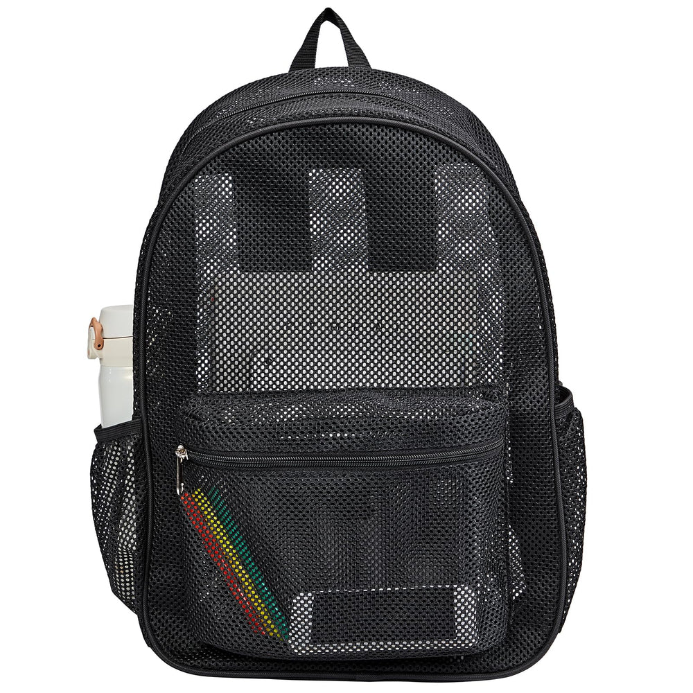 COVAX front view of black mesh backpack showing organization benefits