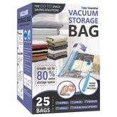 Cozy Essential front packaging showing 25-piece vacuum bag set and included pump for quick storage