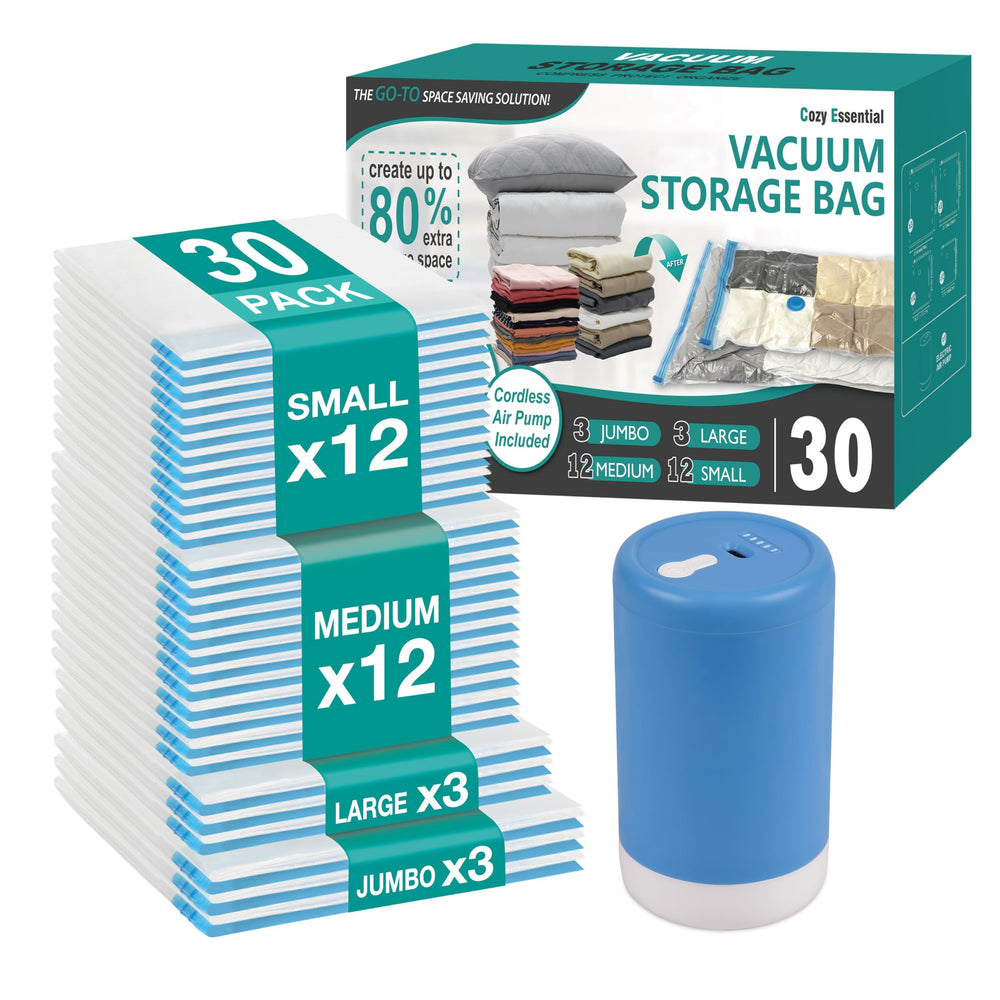 Cozy Essential front packaging showing 30-piece travel vacuum set and pump benefit space saving