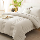 CozyLux comforter front view showing neutral beige and tailored benefit