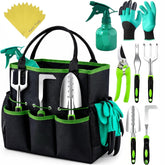 Craft911 front view of green garden tool set showing full kit and tote for easy transport