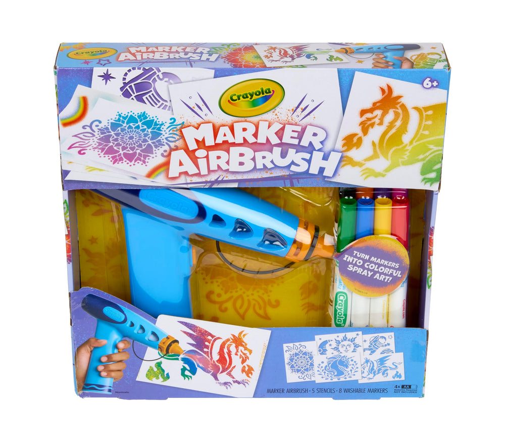 Crayola front packaging showing airbrush kit and contents for easy setup
