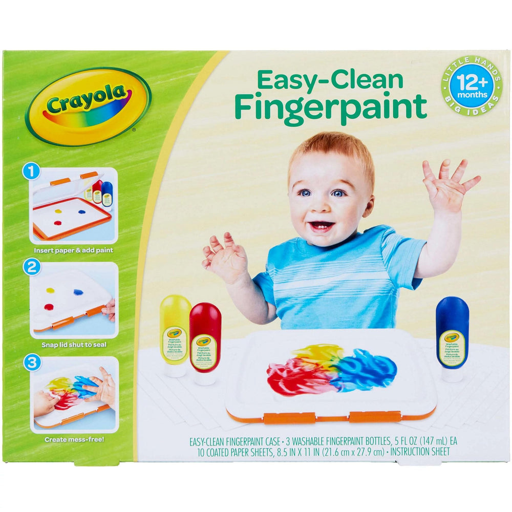 Crayola front packaging showing the mess-free finger painting station and convenience