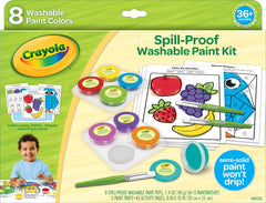 Crayola front packaging showing spill proof paint set and included supplies benefits easy setup