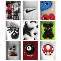 CREAARO front display of nine 8x10 prints showing bold streetwear visuals and instant room impact