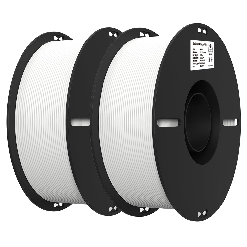 Creality white PLA front packaging showing two 1kg spools and value benefits