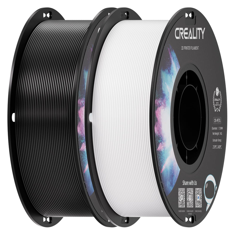Creality filament spool front view showing glossy black and white spools and branding benefit consistency