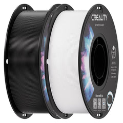 Creality filament spool front view showing glossy black and white spools and branding benefit consistency