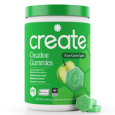 Create front packaging sour green apple showing product and benefits