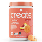 Create sour-peach gummy front packaging showing portability and convenience