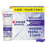 Crest 3D White Brilliance front packaging showing three tubes and product benefits
