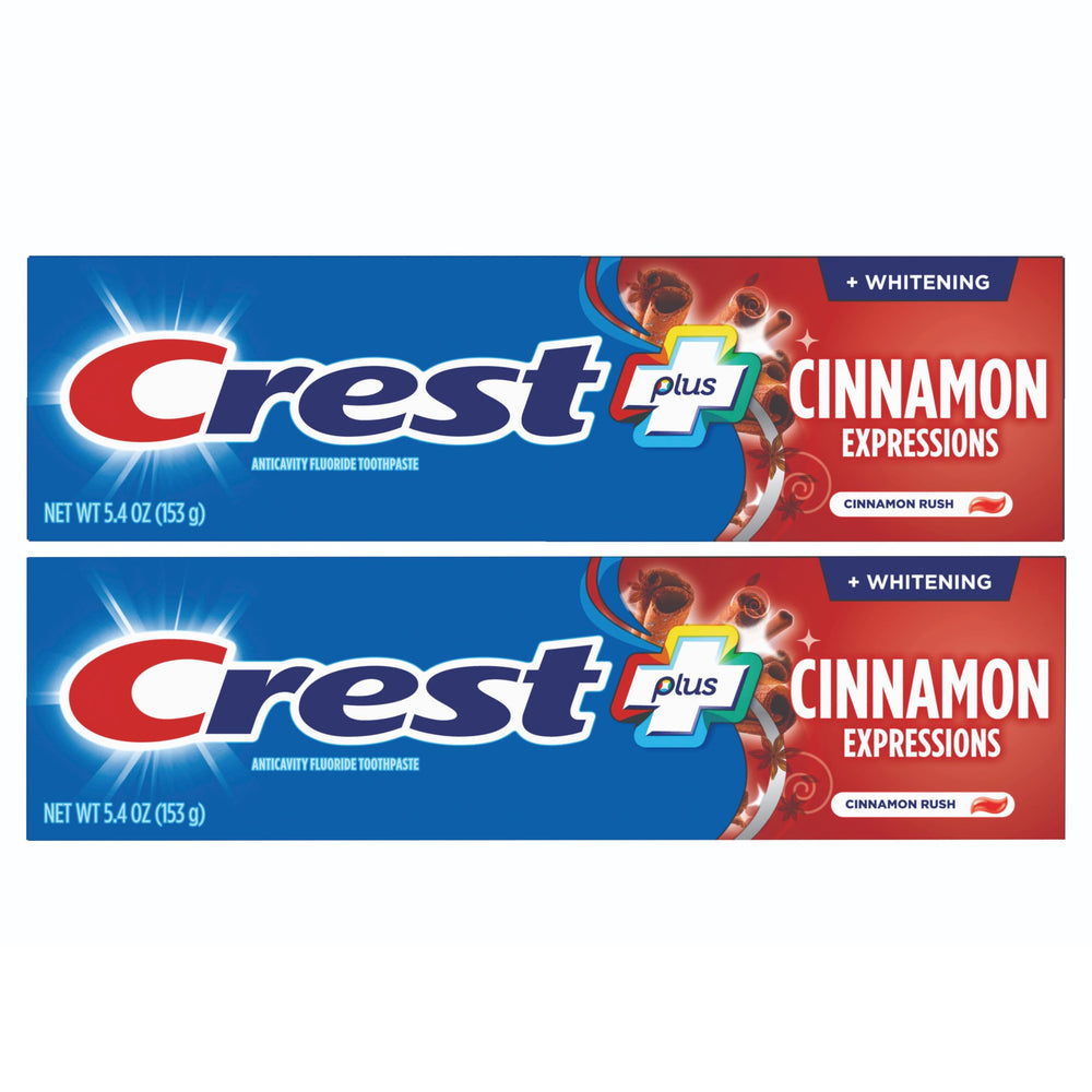 Crest front packaging showing two 6 oz tubes and bold cinnamon benefit
