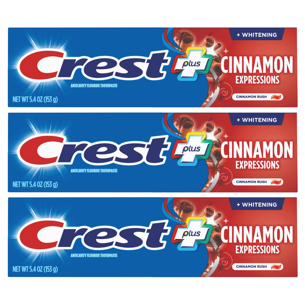 Crest cinnamon tube front packaging showing three 5.4 ounce boxes and bold cinnamon branding for flavor