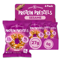 CRISP POWER front packaging showing sesame protein pretzels and nutrition benefits