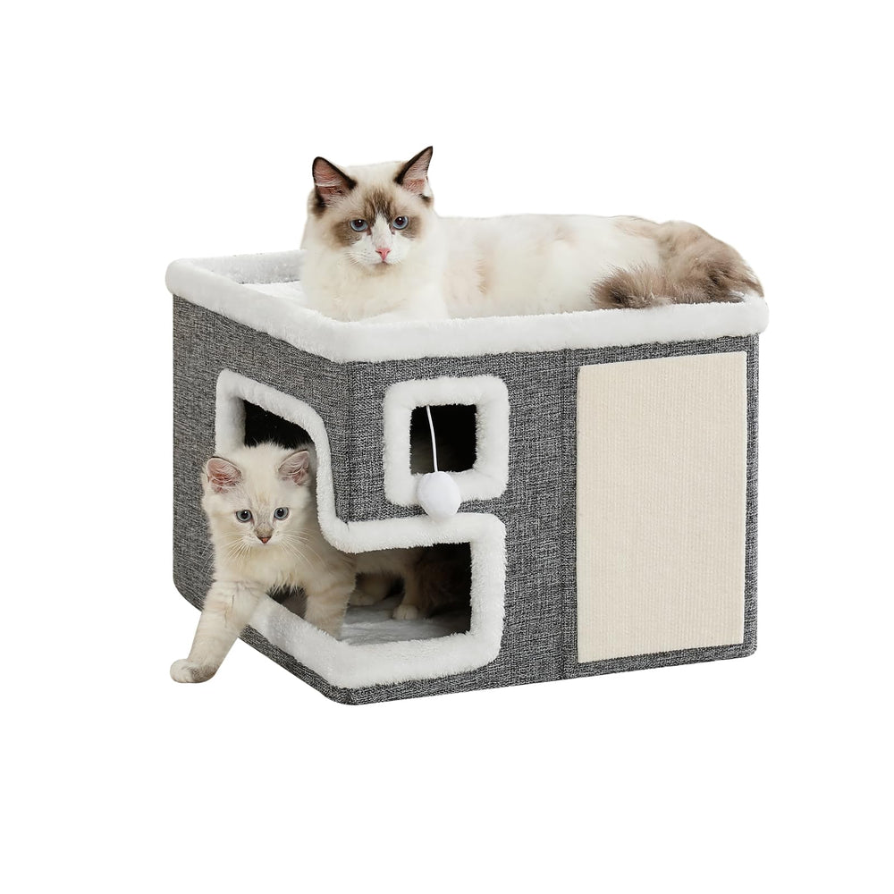 Crispedia front view of covered cat house showing secure entry and cozy interior benefit privacy