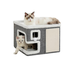 Crispedia front view of covered cat house showing secure entry and cozy interior benefit privacy