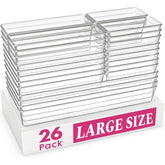 Criusia front packaging of 26-pack clear drawer organizers showing variety and convenience