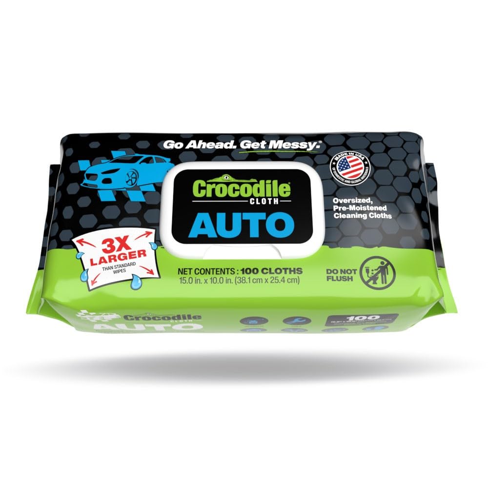 Crocodile Cloth front packaging showing 100-count tub and heavy-duty benefit