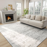 Crority front view showing full 8x10 rug and modern white gray design, stylish focal point