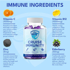 CRUISE IMMUNITY supplement facts label displaying vitamin C B12 zinc elderberry