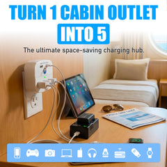 Cruise On close-up of 3 AC outlets and 2 USB ports for versatile charging