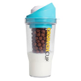 CRUNCHCUP front view showing blue two-part cup and travel-ready design benefit