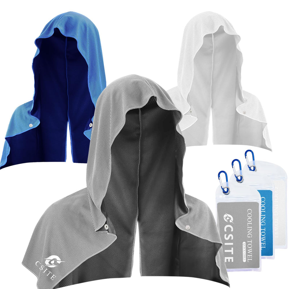 CSITE front packaging showing three cooling hoodie towels and benefits