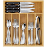 Csoravist front view of set showing all utensils and bamboo organizer, clean presentation benefit