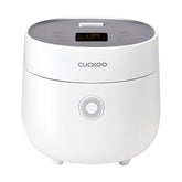 CUCKOO rice cooker front view showing compact white design and controls for easy placement