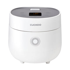 CUCKOO rice cooker front view showing compact white design and controls for easy placement