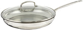 Cuisinart 12-inch skillet front view showing mirror finish and lid, durable cooking