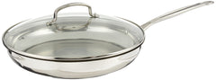 Cuisinart 12-inch skillet front view showing mirror finish and lid, durable cooking