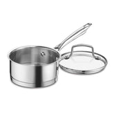 Cuisinart 1-quart saucepan front view showing mirror finish and compact size for efficient cooking
