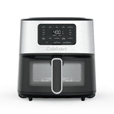 Cuisinart air fryer front angled view showing stainless steel finish and benefits
