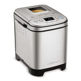 Cuisinart bread maker front view showing compact stainless steel design and clear benefits