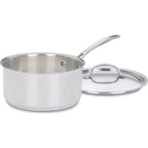 Cuisinart 3‑quart saucepan front view showing polished stainless finish and lid, ideal for uniform cooking