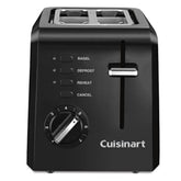 Cuisinart compact toaster front view showing sleek black finish and two-slot capacity benefit