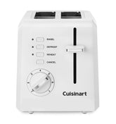 Cuisinart CPT-122 front view showing compact white toaster and benefit of saving counter space
