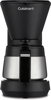 Cuisinart front view with stainless steel carafe showing compact footprint and quick pours