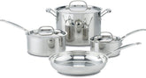 Cuisinart set front view showing all pieces and polished finish, durable and complete