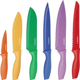 Cuisinart front packaging showing multicolor knife set and included covers, easy organization benefit