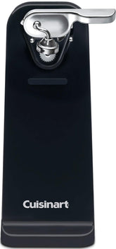 Cuisinart front view of black can opener showing compact design and one-touch button benefit